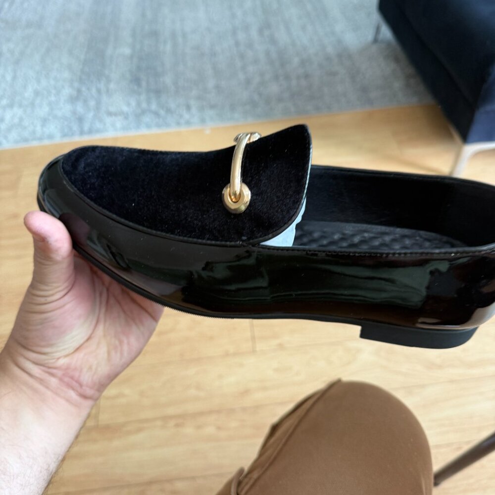 Santimon Men's US 9, 10 Black Casual Smoking Loafers Suede Patent Leather Shoes - Picture 4 of 10